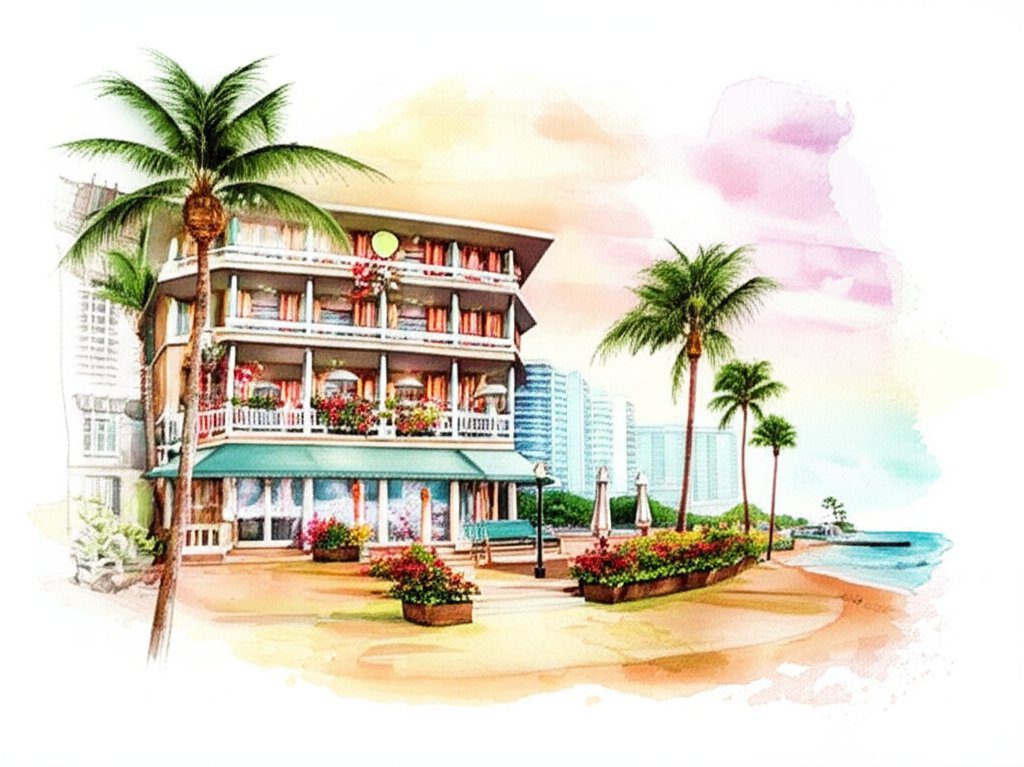 Waikiki beach: turquoise water, palm trees, perfect vacation vibes in Honolulu, Hawaii.