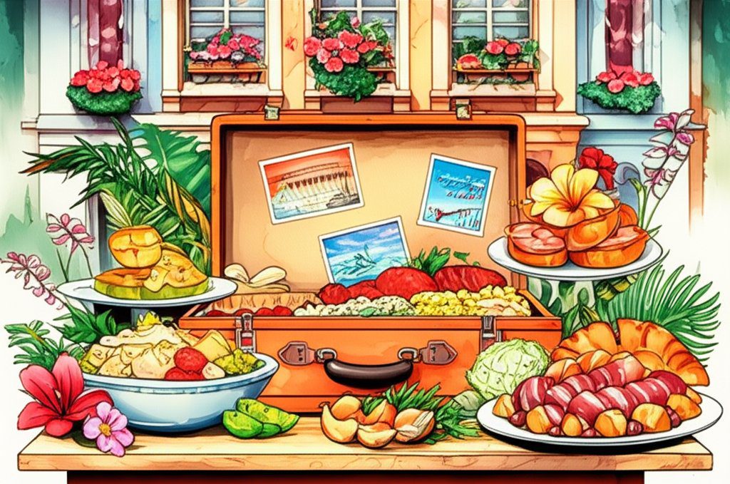 Hawaiian food spread: Poke bowls, kalua pig, poi, and tropical fruits. Explore local cuisine.