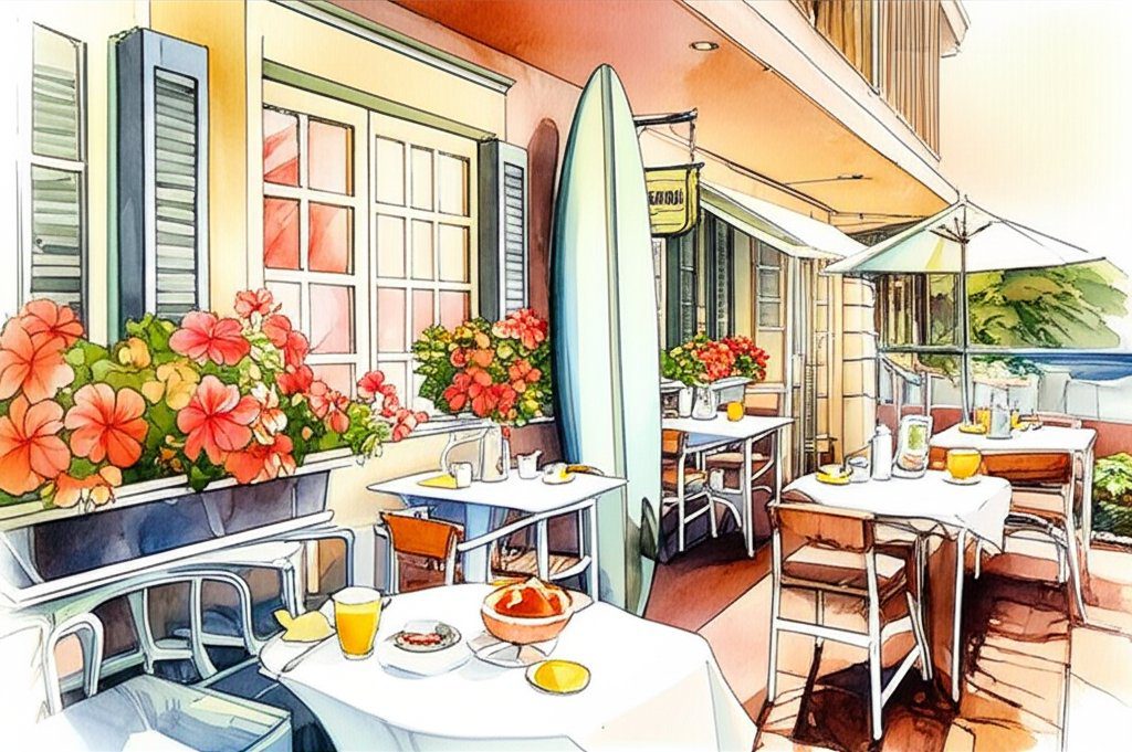 Waikiki breakfast view: Sunny start, delicious food, ocean breeze, Hawaii.