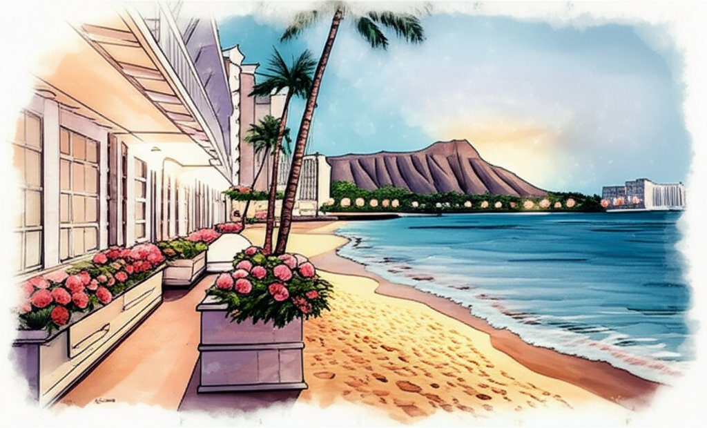 Waikiki Beach at night: magical, illuminated coastline, peaceful ocean, Honolulu skyline.