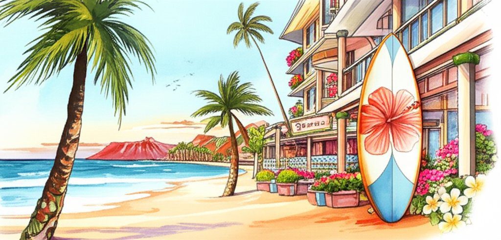 Waikiki Beach: Sunbathers, gentle waves, safe swimming, Honolulu, Hawaii.
