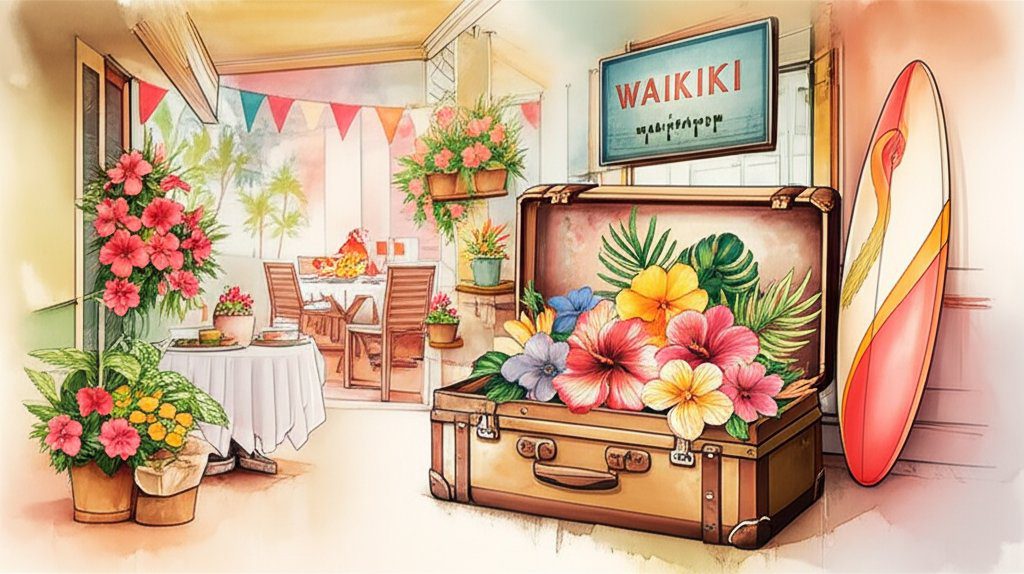 Waikiki breakfast scene: Fresh fruit, local Kona coffee, beyond pancakes.