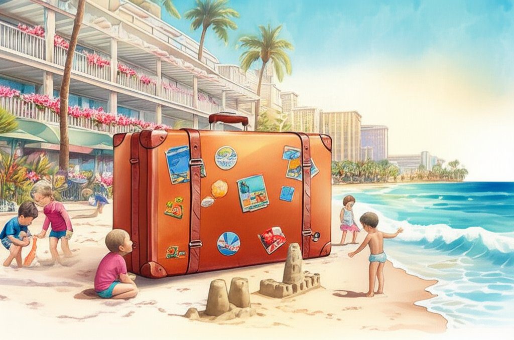 Waikiki beach fun: Kids playing, swimming, and enjoying water adventures in Hawaii.